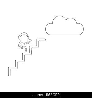 Vector illustration concept of businessman character running on stairs to cloud. Black outline. Stock Vector