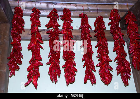 typical dried peppers of Basilicata region, so called peperoni cruschi, hanging to dry at sun Stock Photo