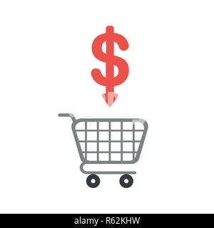 Vector illustration icon concept of shopping cart with dollar symbol arrow moving down. Stock Vector