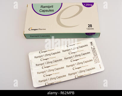 Ramipril capsules. 1,25mg medication pack of pills. Box of medical tablets isolated on a white background. Manufactured by Ennogen Pharma Stock Photo