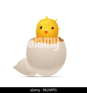 Cracked egg with chick inside isolated on white Stock Vector
