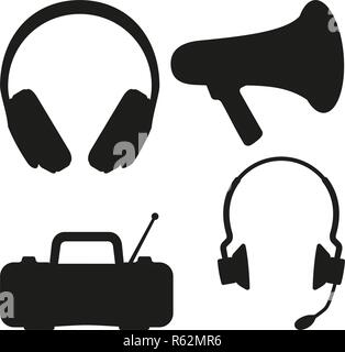 Black and white music tech items silhouette Stock Vector