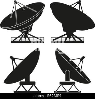 Black and white satellite antena silhouette set Stock Vector