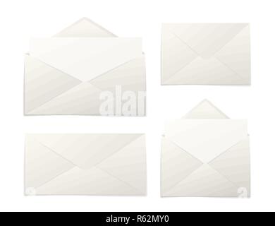 Set of realistic paper envelopes with sheets in different sizes isolated on white Stock Vector