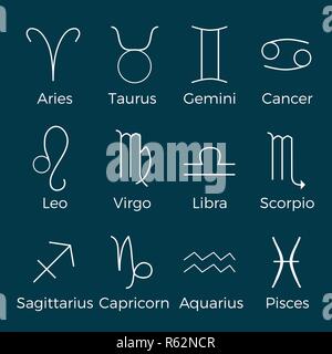 Astrological signs and set in gold, Symbols of zodiac, horoscope, astrology and mystic signs vector illustration on a blue background Stock Vector