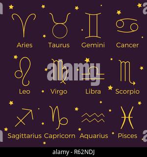 Astrological signs and stars set in gold, Symbols of zodiac, horoscope, astrology and mystic signs vector illustration on a purple background Stock Vector