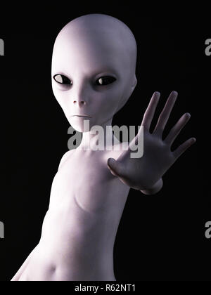 3d illustration of an alien holding up hand above its head isolated on ...