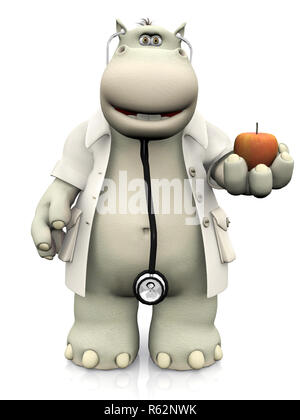 A smiling cartoon hippo dressed as doctor, holding an apple in his hand. An apple a day keeps the doctor away. White background. Stock Photo