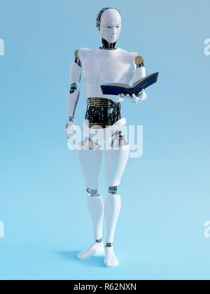 A male robot holding a book in his hand and reading. 3D rendering. Blue background. Stock Photo