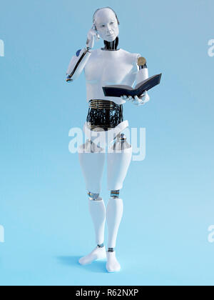 A male robot holding a book and looking like he is thinking about something. 3D rendering. Blue background. Stock Photo