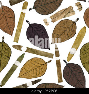 Cigars of different shapes and colors with tobacco leaf, hand painted watercolor illustration with handwritten inscription, seamless pattern design Stock Photo