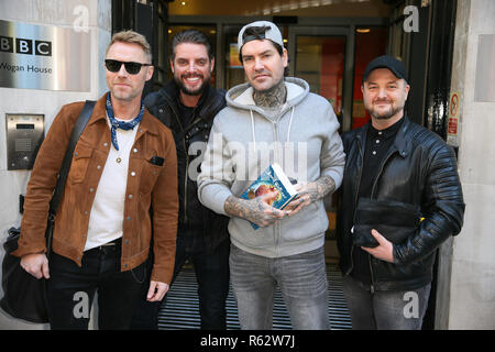 Boyzone visiting BBC Radio Two Studios to promote their new album and perform Live on the show - London  Featuring: Ronan Keating, Keith Duffy, Shane Lynch, Mikey Graham Where: London, United Kingdom When: 02 Nov 2018 Credit: WENN.com Stock Photo