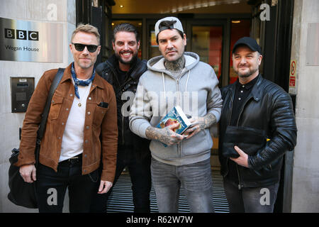 Boyzone visiting BBC Radio Two Studios to promote their new album and perform Live on the show - London  Featuring: Ronan Keating, Keith Duffy, Shane Lynch, Mikey Graham Where: London, United Kingdom When: 02 Nov 2018 Credit: WENN.com Stock Photo