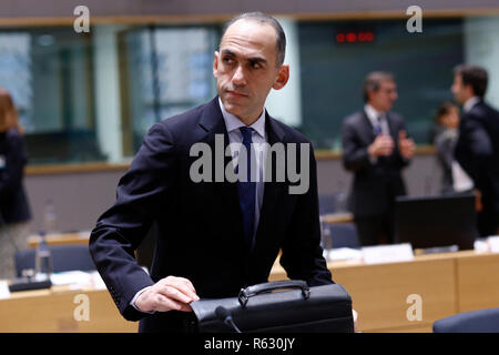 Brussels, Belgium. 3rd Dec 2018. Finance Minister Harris Georgiades of Cyprusattends in an Eurogroup finance ministers meeting at the EU headquarters. Alexandros Michailidis/Alamy Live News Stock Photo