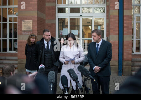 Stafford, UK. 3 December 2018. Gemma Eastwood, the sister of murdered midwife Samantha Eastwood, and Detective Inspector Dan Ison speak to media outside Stafford Crown Court. Michael Stirling was sentenced to life in prison for the murder last July. Credit: Benjamin Wareing/ Alamy Live News Stock Photo