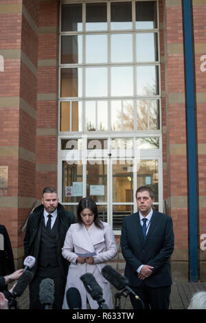 Stafford, UK. 3 December 2018. Gemma Eastwood, the sister of murdered midwife Samantha Eastwood, and Detective Inspector Dan Ison speak to media outside Stafford Crown Court. Michael Stirling was sentenced to life in prison for the murder last July. Credit: Benjamin Wareing/ Alamy Live News Stock Photo