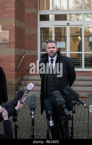 Stafford, UK. 3 December 2018. Gemma Eastwood, the sister of murdered midwife Samantha Eastwood, and Detective Inspector Dan Ison speak to media outside Stafford Crown Court. Michael Stirling was sentenced to life in prison for the murder last July. Credit: Benjamin Wareing/ Alamy Live News Stock Photo