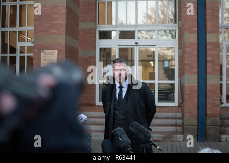 Stafford, UK. 3 December 2018. Gemma Eastwood, the sister of murdered midwife Samantha Eastwood, and Detective Inspector Dan Ison speak to media outside Stafford Crown Court. Michael Stirling was sentenced to life in prison for the murder last July. Credit: Benjamin Wareing/ Alamy Live News Stock Photo