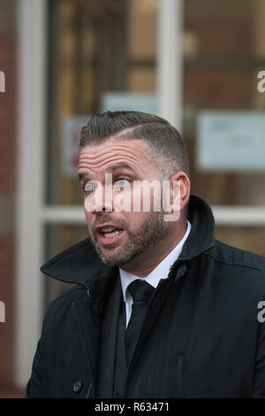 Stafford, UK. 3 December 2018. Gemma Eastwood, the sister of murdered midwife Samantha Eastwood, and Detective Inspector Dan Ison speak to media outside Stafford Crown Court. Michael Stirling was sentenced to life in prison for the murder last July. Credit: Benjamin Wareing/ Alamy Live News Stock Photo