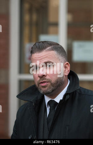 Stafford, UK. 3 December 2018. Gemma Eastwood, the sister of murdered midwife Samantha Eastwood, and Detective Inspector Dan Ison speak to media outside Stafford Crown Court. Michael Stirling was sentenced to life in prison for the murder last July. Credit: Benjamin Wareing/ Alamy Live News Stock Photo