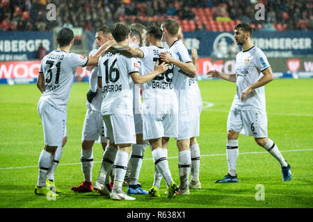 Nuremberg, Germany. 3rd Dec, 2018. Leverkusen's players celebrate scoring during a German Bundesliga between 1.FC Nuremberg and Bayer 04 Leverkusen, in Nuremberg, Germany, on Dec. 3, 2018. The match ended 1-1. Credit: Kevin Voigt/Xinhua/Alamy Live News Stock Photo