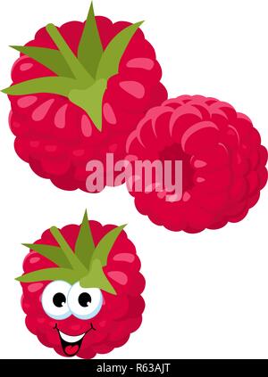 Raspberry. Fresh raspberry berries isolated on white background. Funny cartoon character. Vector Illustration Stock Vector