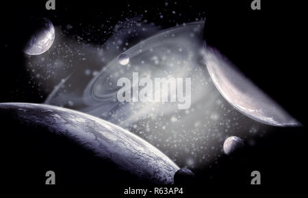 Computer generated fantasy image of a planet in deep space gaseous nebula in the background Stock Photo
