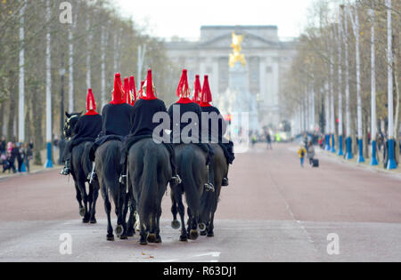 Household Cavalry - Blues and Royals - riding down the Mall after the Changing of the Horse Guards (11am daily) London, England, UK. Stock Photo