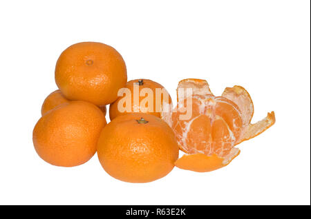 image of whole tangerines and one peeled on white background Stock Photo