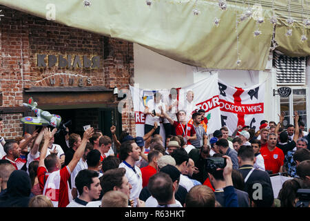 Moscow, Russia - July 3 2018: English fans chanting on the street in Moscow after the victory of their national team against Columbia in 2018 FIFA Wor Stock Photo