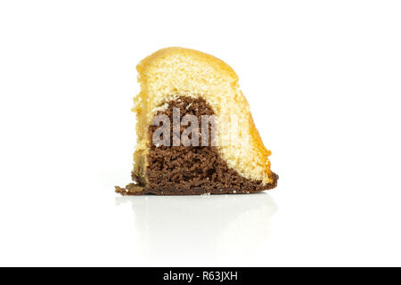 One slice of fresh baked marble gugelhupf sweet bread variety isolated on white background Stock Photo