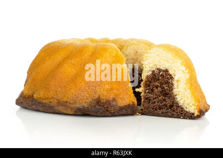 Group of one whole one slice of fresh baked marble gugelhupf sweet bread variety two colored isolated on white background Stock Photo