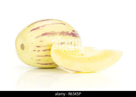 Group of one whole one slice of ripe fresh striped pepino melon isolated on white background Stock Photo