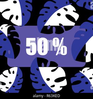 Summer sale up to 50 OFF banner with tropical palm leaves isolated on dark background. Discount template. Vector illustration EPS10 file. Stock Vector