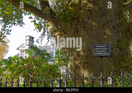 Video surveillance warning sign on a tree outside a mansion in the upscale neighbourhood of Shaughnessy in Vancouver, BC, Canada Stock Photo