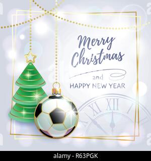 Merry Christmas. Happy New Year. Sports greeting card. Soccer. Vector illustration. Stock Vector
