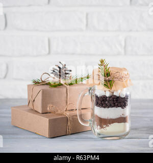 Hot chocolate mix in mason jar and gift boxes Stock Photo