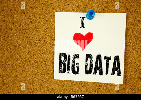 Hand writing text caption inspiration showing I Love Big Data concept meaning Storage Network Online Server Loving written on sticky note, reminder isolated background with copy space Stock Photo
