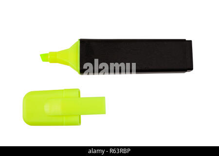 Flourescent yellow-green text and graphics highlighter pen with cap, isolated on white with clipping path. Stock Photo