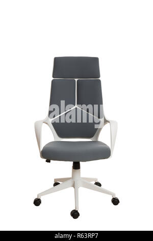 Front view of a modern office chair, made of white plastic, upholstered with gray textile. Isolated on white background. Stock Photo