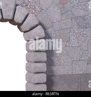 Upper right part of a cyclopean stone gate with granite tiled wall and white isolated opening. 3d render. Stock Photo