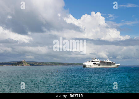 Cruise Ship and St Michael’s Mount Viewed from Penzance, Cornwall, UK. Stock Photo