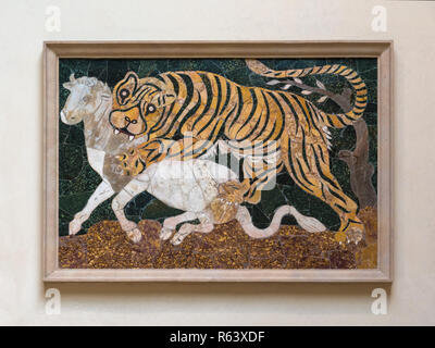 Panel in opus sectile with tiger assaulting a calf, Capitoline Museums, Rome, Italy Stock Photo