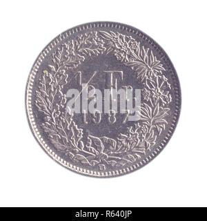 silver Half a Swiss Frank coin (50 cents) on white background Stock Photo