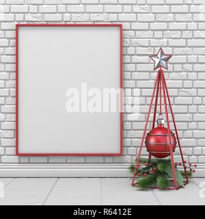 Mock up blank picture frame, Christmas decoration wireframe pyramid and decoration ball 3D Stock Photo