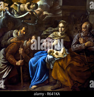 The Adoration of the Shepherds, a masterfully dramatic Spanish Mannerist oil on canvas painting created circa 1577–1579 by El Greco, depicting the Virgin Mary lifting a cloth over the glowing newborn Christ Child surrounded by Saint Joseph and kneeling shepherds. "The Adoration of the Shepherds" (Adoración de los pastores), painted between 1577 and 1579 by the legendary master El Greco (Domenikos Theotokopoulos). Prado Museum (Museo del Prado) in Madrid, Spain (historically originating from the Altarpiece of Santo Domingo el Antiguo in Toledo. Stock Photo