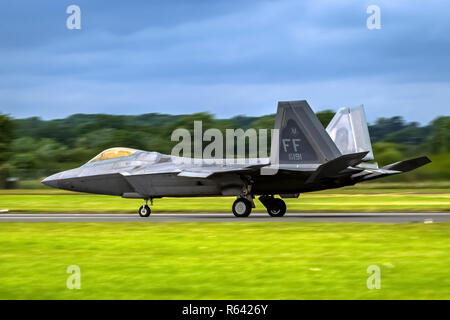 Lockheed Martin F-22 Raptor is a fifth-generation, single-seat, twin-engine, all-weather stealth tactical fighter aircraft developed for the United St Stock Photo