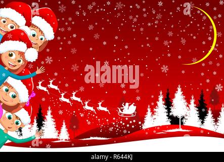 Little kids on red winter background. Children against the backdrop of the winter landscape. Santa Claus, deer, forest. Children enjoy Christmas. The  Stock Vector