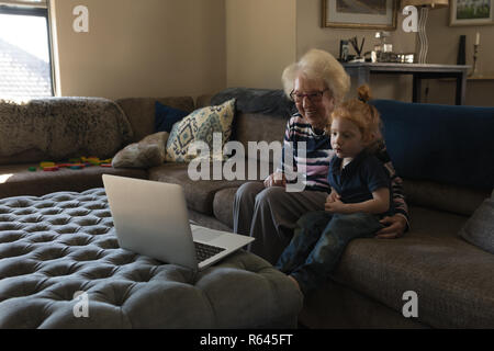 Grandmother and granddaughter making video call on laptop in living room Stock Photo