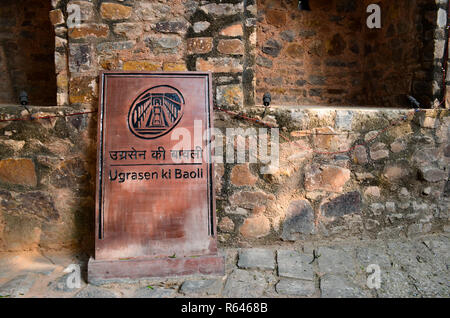 Ugrasen ki Baoli is an ancient step well for storing water in Connaught Place, Delhi. This is a sign in front of the monument. Stock Photo